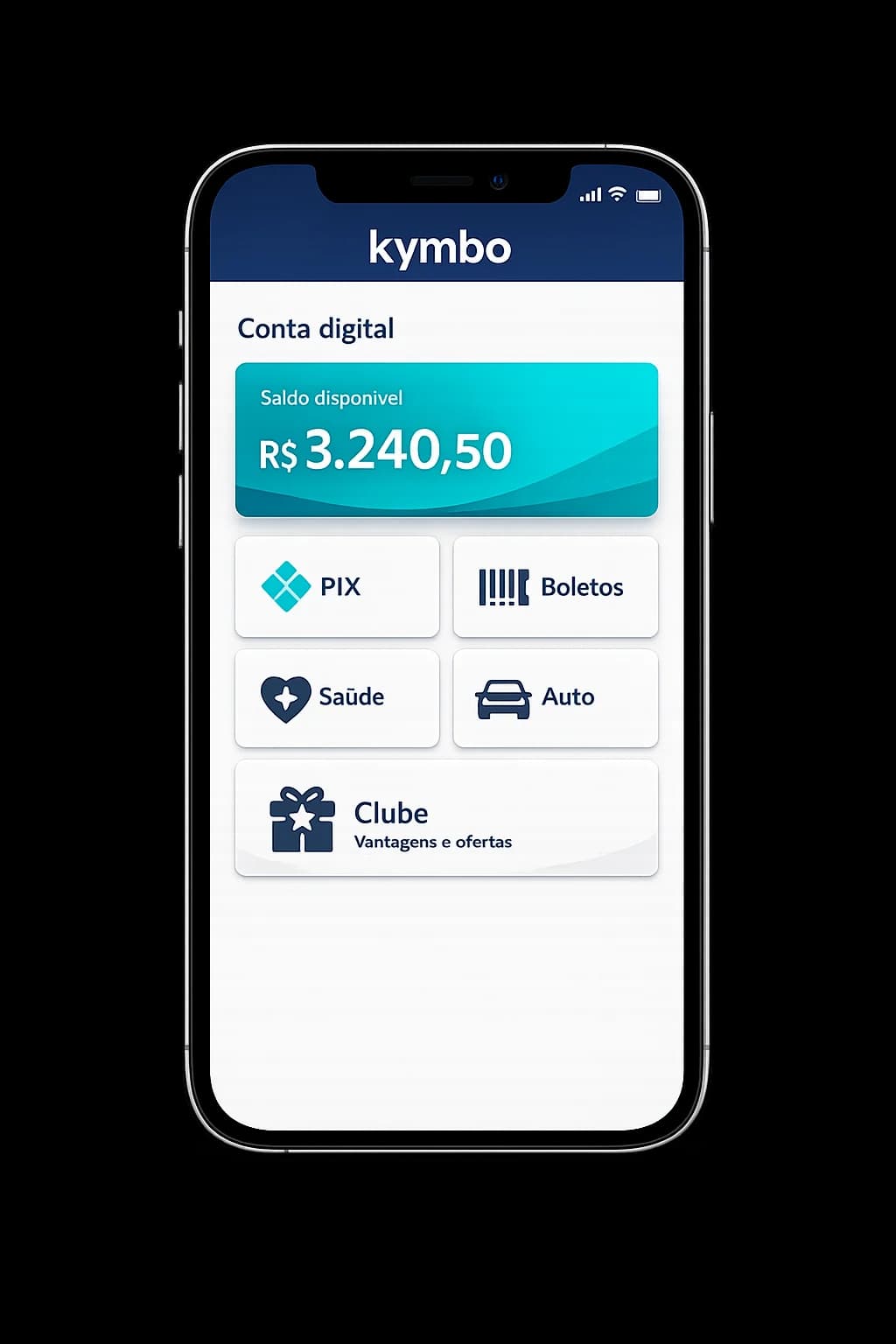 Mockup demonstrativo do aplicativo Kymbo em um iPhone